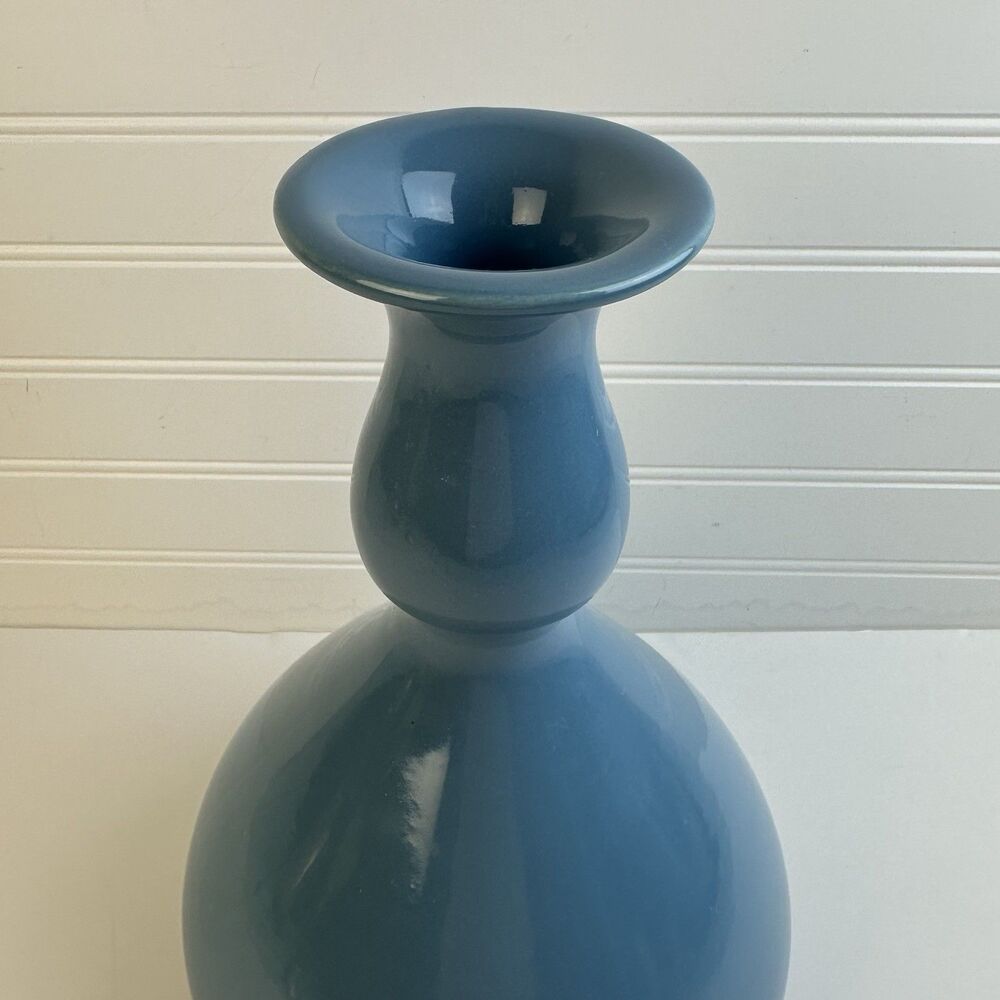 Vintage 80s Modern Ceramic Gourd Flower Vase Blue Glossy Glaze #454 Made in USA - Picture 2 of 7